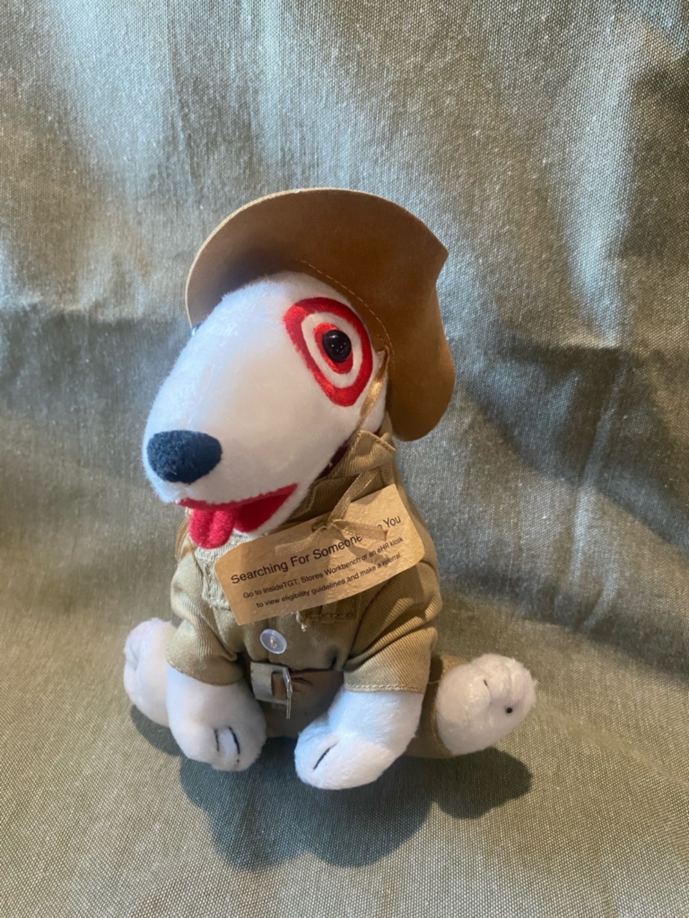 Safari Target Plush Dog Toy in White with Red Accents and Tan Outfit